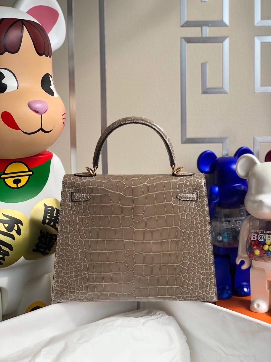 Hermès（爱马仕）Kelly 25cm Alligator shiny 亮面鳄鱼 ck81 斑鸠灰 金扣 顶级手缝  现货