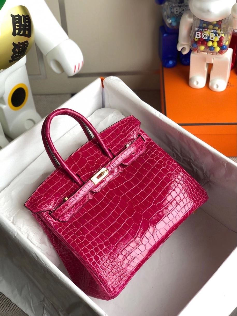 Hermès（爱马仕）Birkin 25cm Porosus shiny 亮面澳洲鳄鱼 E5 桃红 金扣 顶级手缝 现货