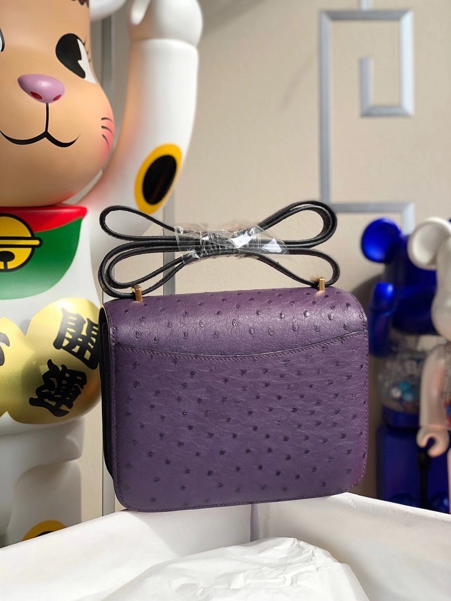 Hermès（爱马仕）Constance 18cm Ostrich kk 鸵鸟  葡萄紫 金扣 顶级手缝 现货
