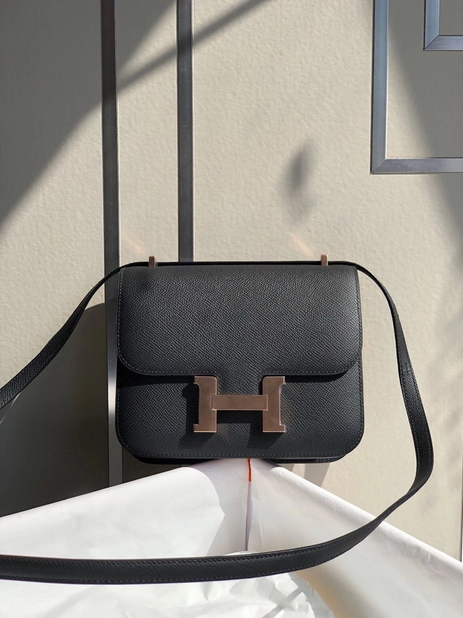 Hermès（爱马仕）Constance 18cm Epsom 原厂掌纹皮  ck89 黑色 Noir 玫瑰金扣 顶级手缝 现货