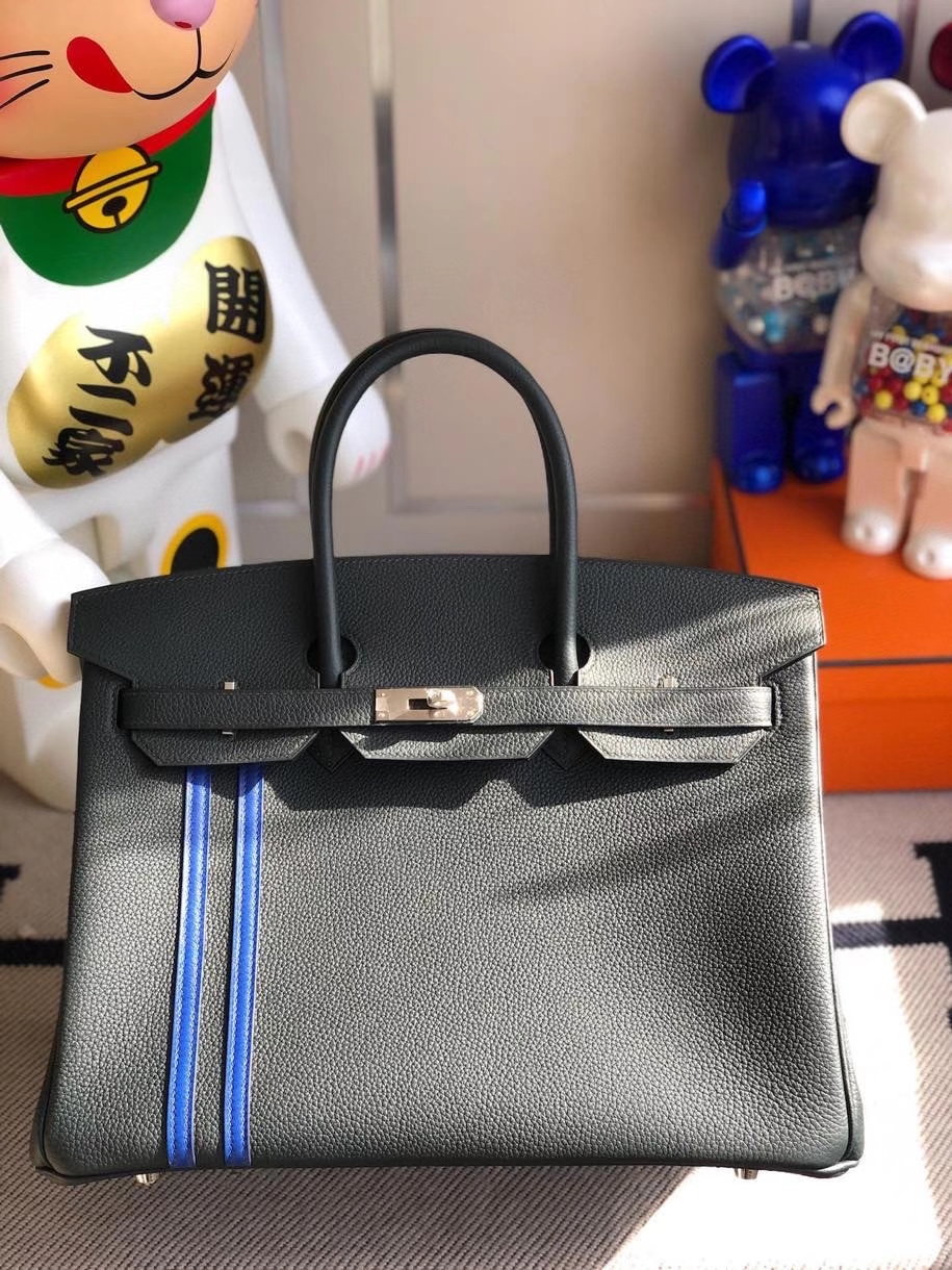 Hermès(爱马仕)Birkin 35cm 6o 柏树绿拼双杠琉璃蓝 银扣 顶级手缝 定制-拉尔森鳄鱼皮具定制 - 爱马仕包包官网 Hermès(爱马仕)Birkin 35cm 6o 柏树绿拼双杠琉璃蓝 银扣 顶级手缝 定制