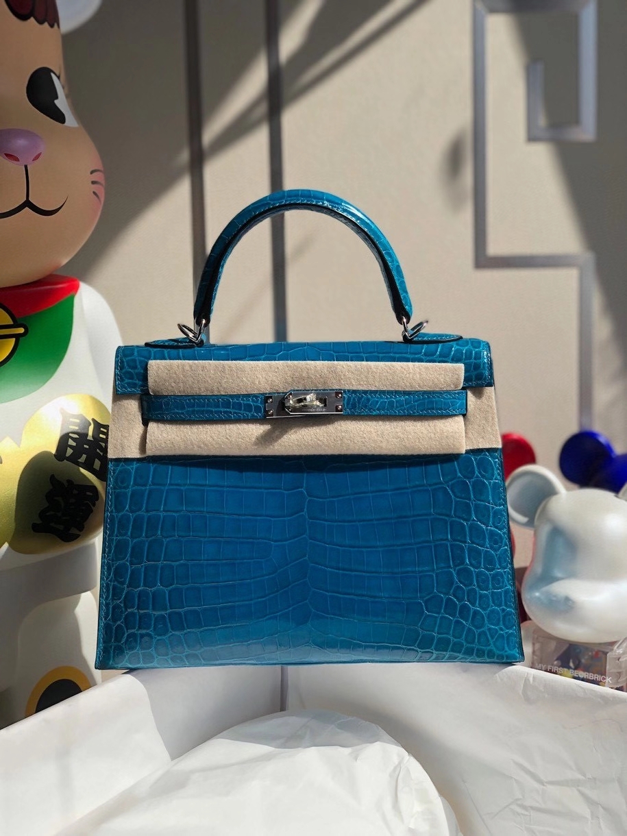 Hermès（爱马仕）Kelly 25cm Crocodile shiny 亮面鳄鱼 7w 伊兹密尔蓝 银扣 顶级手缝 现货