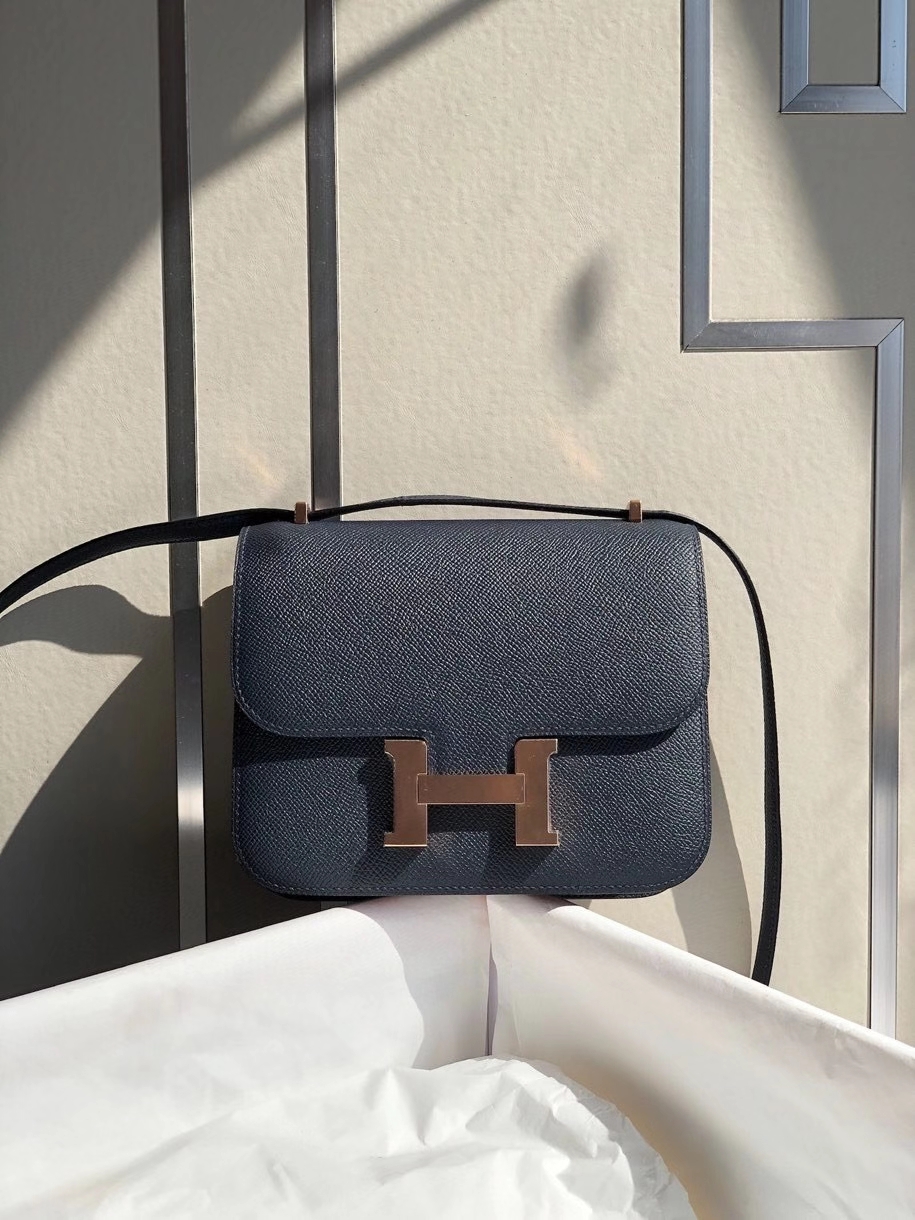 Hermès（爱马仕）Constance 18cm Epsom 原厂掌纹皮 深海蓝 玫瑰金扣 顶级手缝 现货