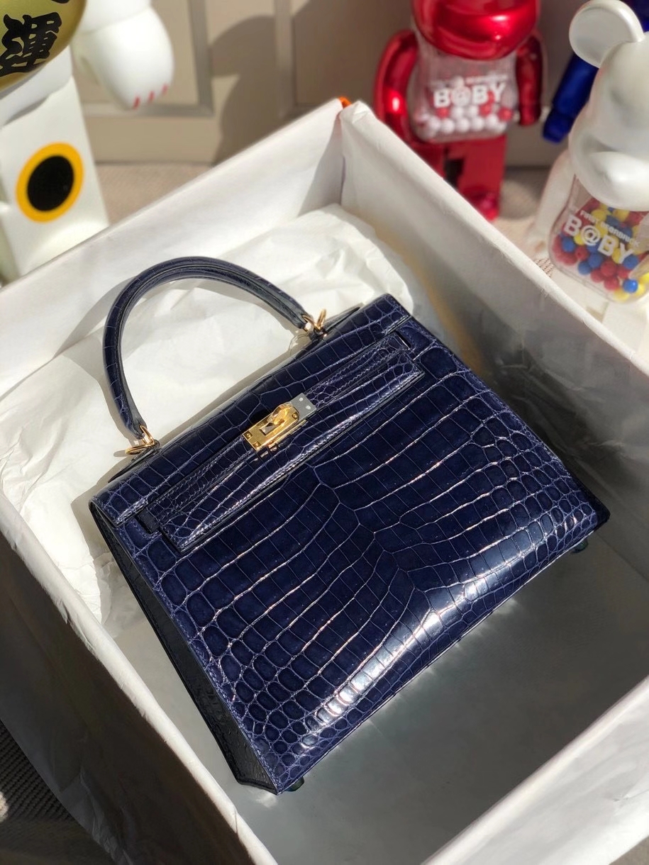 Hermès（爱马仕）Kelly 25cm Crocodile shiny 亮面鳄鱼 7k 宝石蓝 金扣 顶级手缝 现货