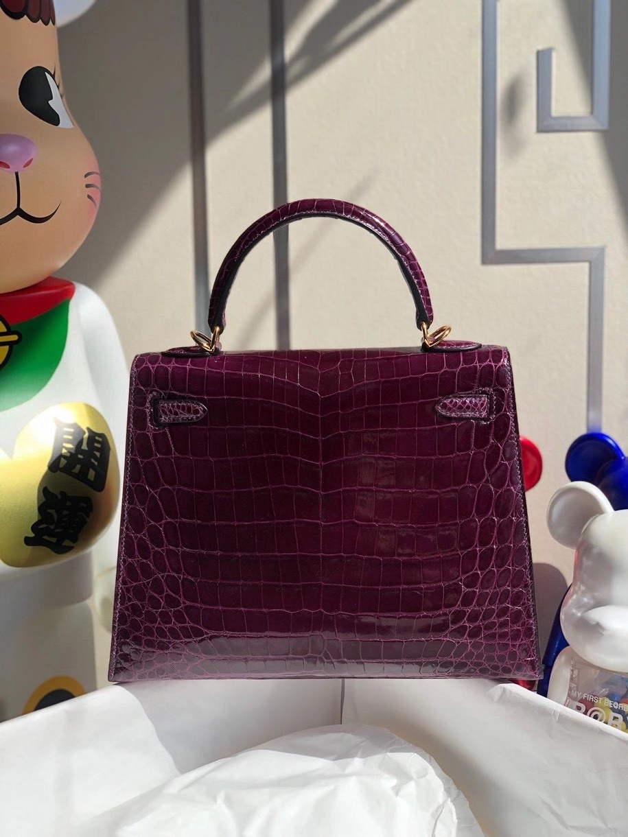 Hermès（爱马仕）Kelly 25cm Crocodile shiny 亮面鳄鱼 N5 加仑紫 金扣 顶级手缝 现货