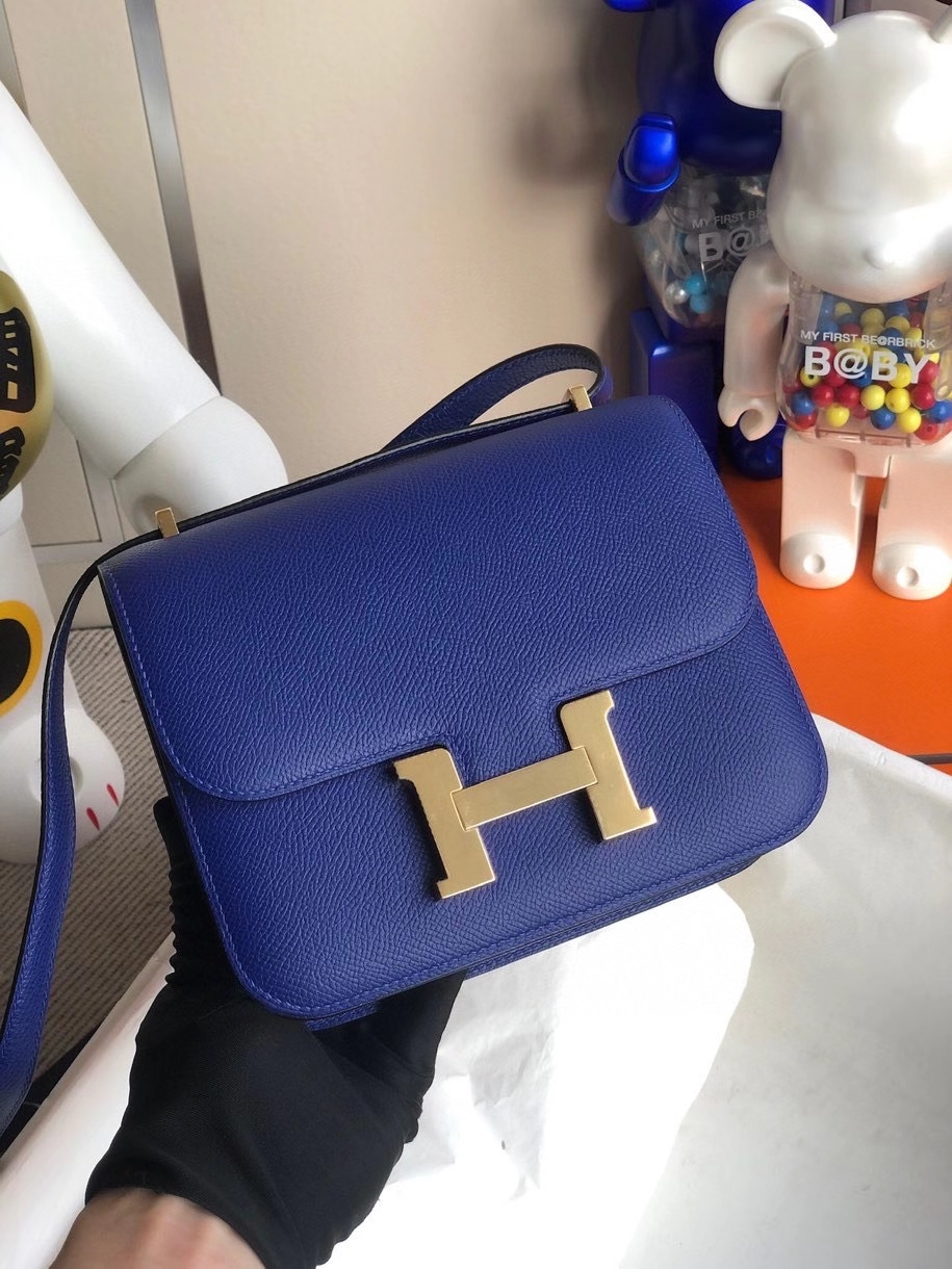 Hermès（爱马仕）Constance 18cm Epsom 原厂掌纹皮 7T 电光蓝 金扣 顶级手缝 定制