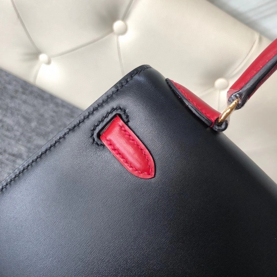 Hermès（爱马仕）Kelly 20cm Box calf ck89 黑色 拼国旗红 金扣