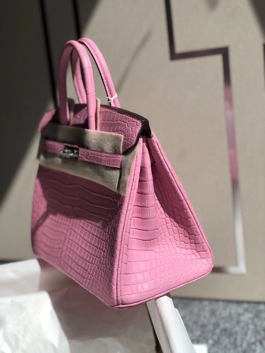 Hermès（爱马仕）Birkin 25cm Porosus matt 雾面澳洲湾鳄  5p 樱花粉 银扣 顶级手缝 品相完美 现货