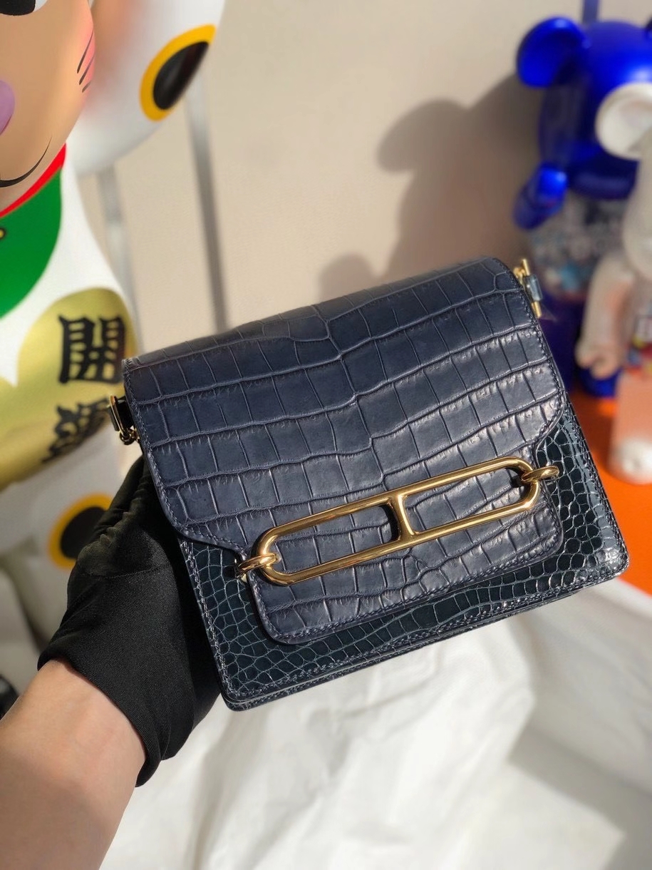Hermès（爱马仕）Roulis 18cm Alligator  宝石蓝拼马耳他蓝 金扣 顶级手缝 现货