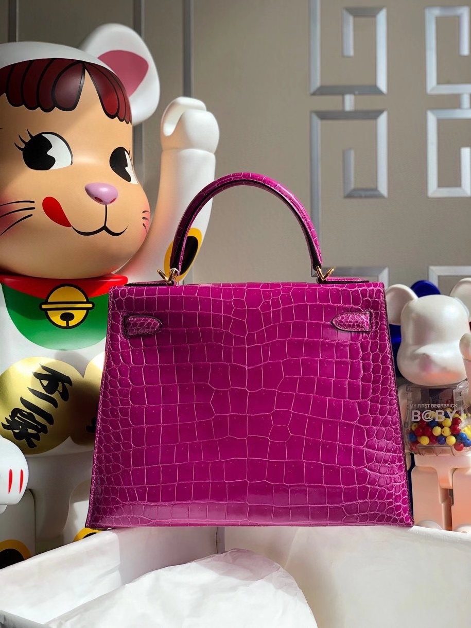 Hermès（爱马仕）Kelly 28cm porosus shiny 亮面澳洲湾鳄 L3 玫瑰紫 金扣 顶级手缝 现货