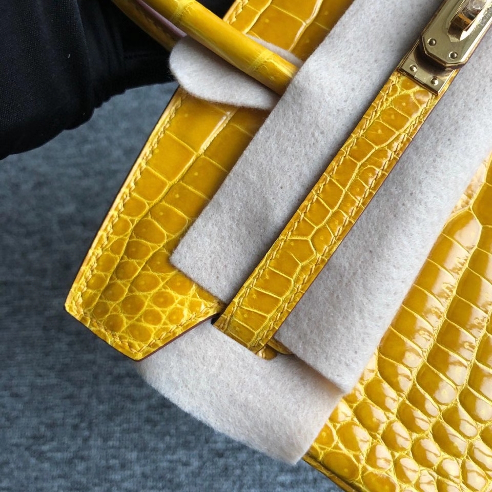 Hermès（爱马仕）Birkin 25cm Porosus shiny 亮面澳洲湾鳄 9Ｄ 琥珀黄 Ambre 金扣 顶级手缝 现货