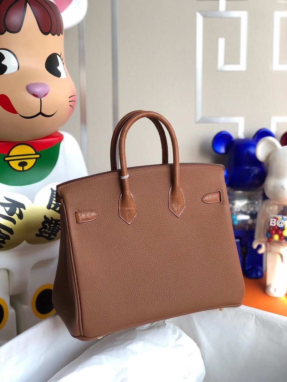 Hermès（爱马仕）Touch系列 Birkin 25cm 金棕色拼雾面棕色鳄鱼 金扣 顶级手缝 定制