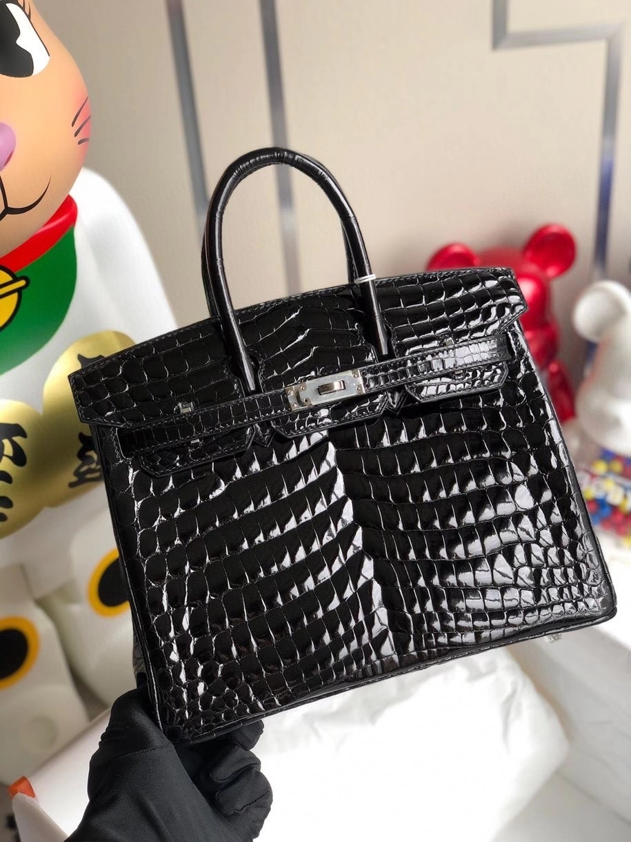 Hermès（爱马仕）Birkin 25cm Crocodile shiny 亮面鳄鱼 ck89 黑色 Noir 银扣 顶级手缝 拱珠皮 现货