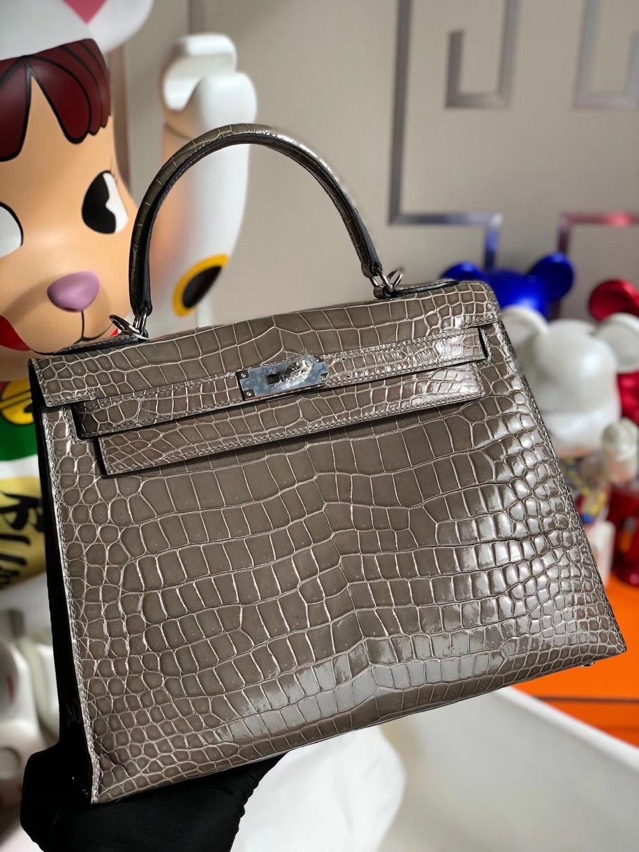Hermès（爱马仕）Kelly 28cm Porosus shiny 亮面澳洲湾鳄 ck81 斑鸠灰 银扣 顶级手缝 现货