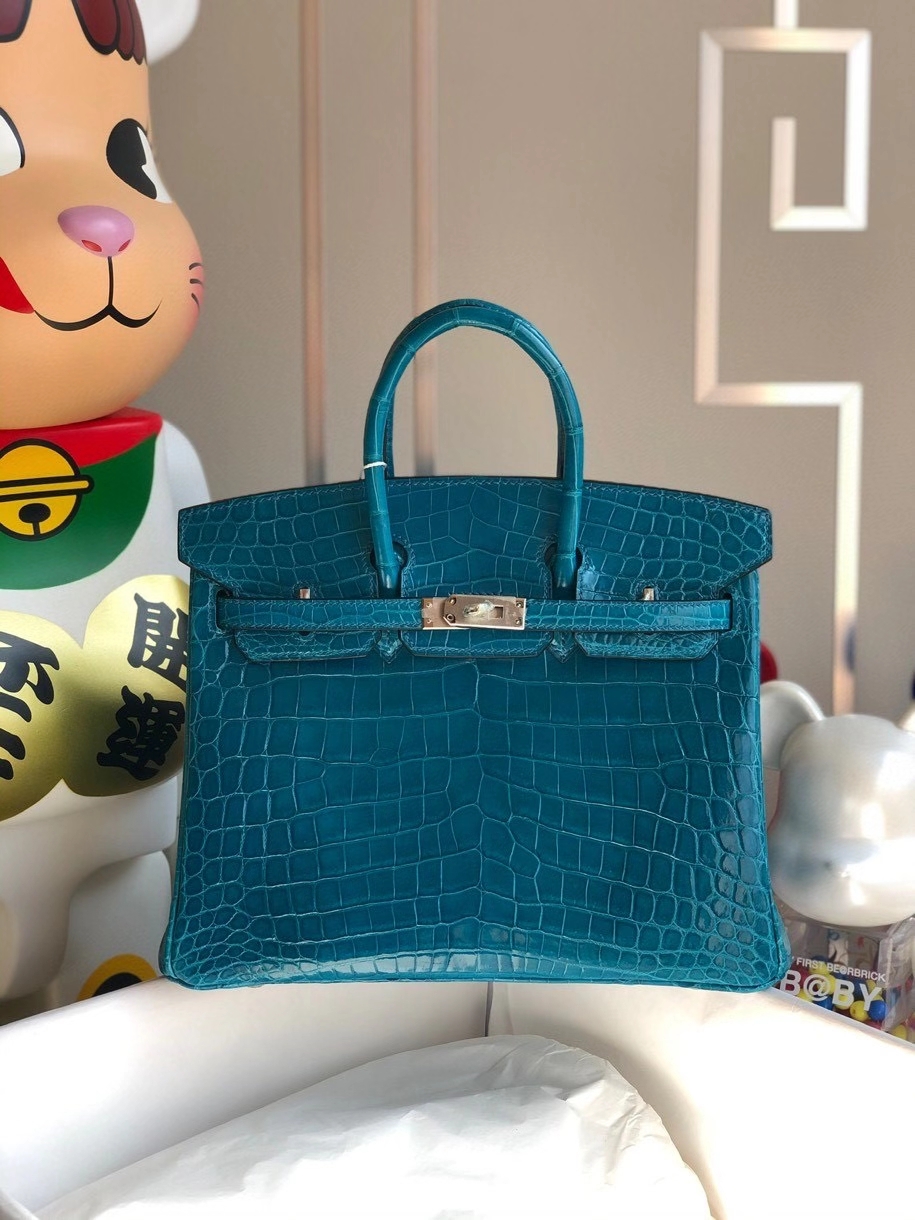 Hermès（爱马仕）Birkin 25cm Crocodile shiny 亮面鳄鱼 7w伊兹密尔蓝 银扣 顶级手缝 品相完美 现货