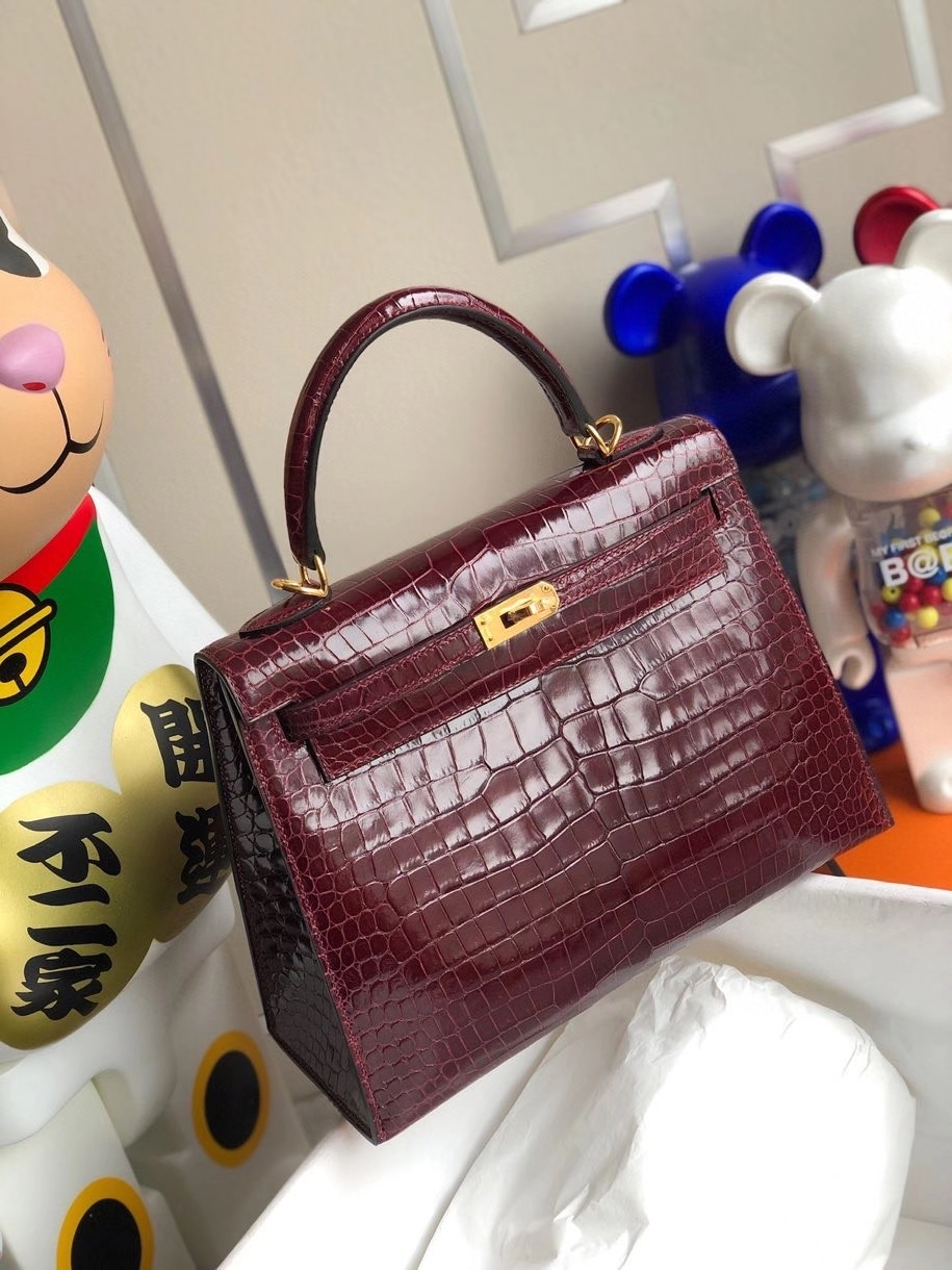 Hermès（爱马仕）Kelly 25cm Porosus shiny 亮面澳洲鳄鱼 ck57 波尔多酒红 Bordeaux 金扣 顶级手缝 现货