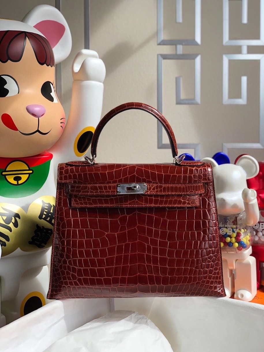 Hermès（爱马仕）Kelly 28cm porosus shiny 亮面澳洲湾鳄 ck31蜜糖棕 Miel 银扣 顶级手缝 现货