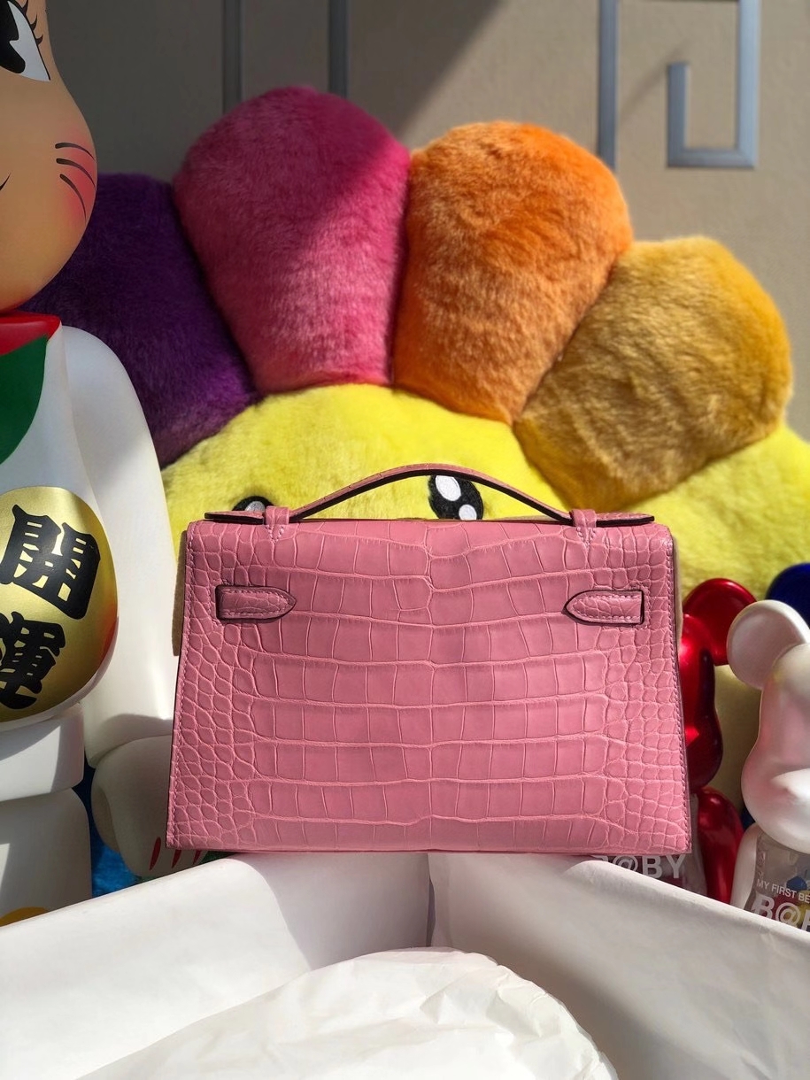 Hermès（爱马仕）Mini kelly pochette 22cm Alligator shiny 亮面鳄鱼 樱花粉 银扣 晚宴包 顶级手缝 现货