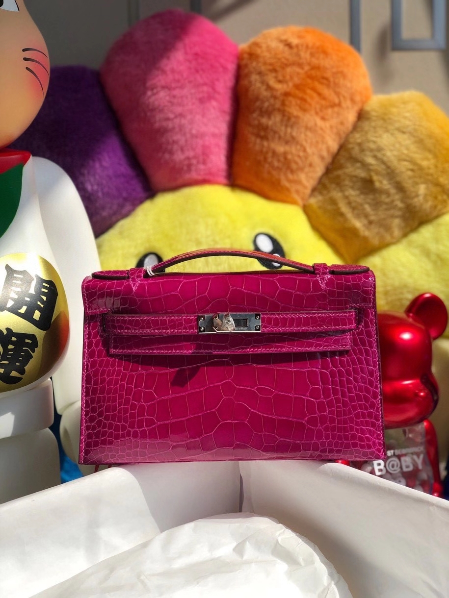 Hermès（爱马仕）Mini kelly pochette 22cm Alligator shiny 亮面鳄鱼 J5 天方夜谭粉紫 银扣 顶级手缝 晚宴包 现货
