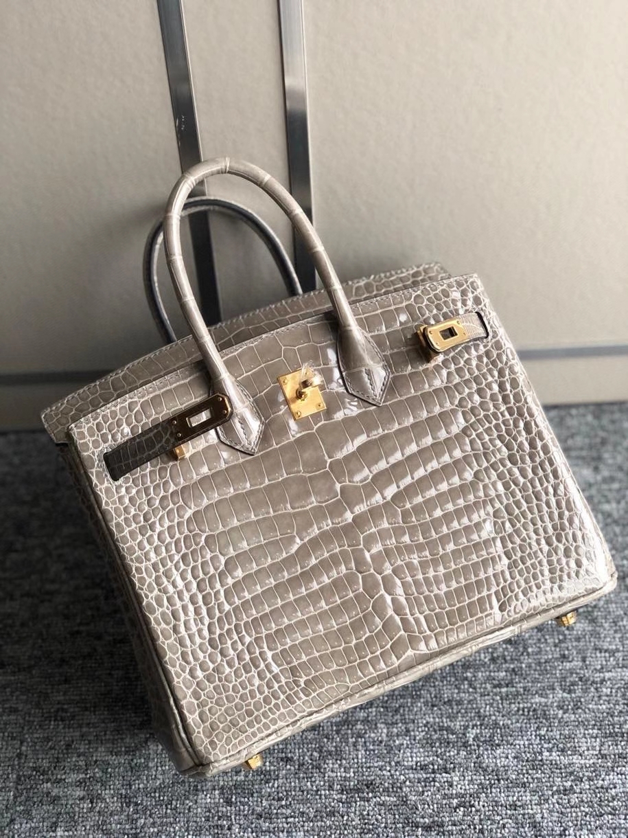Hermès（爱马仕）Birkin 25cm Porosus shiny 亮面澳洲湾鳄 Ck81 斑鸠灰 Gris T 金扣 顶级手缝 现货