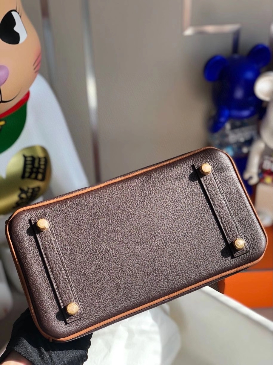 Hermès（爱马仕）Birkin 25cm togo 原厂小牛皮  巧克力色拼橙色拼金棕 金扣 马蹄印 顶级手缝