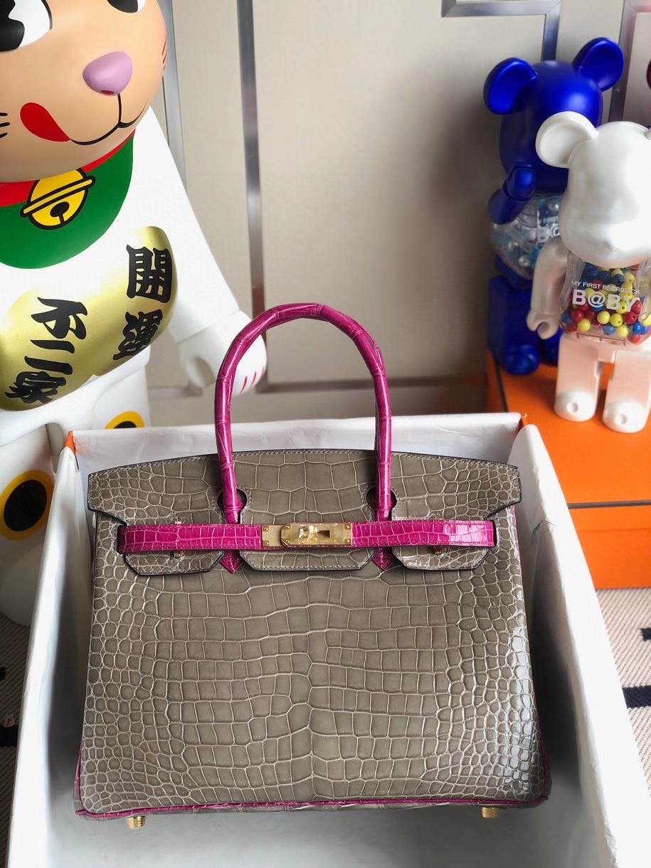 Hermès（爱马仕）Birkin 30cm 亮面澳洲湾鳄 ck81 斑鸠灰 gris T 拼 J5 天方夜谭粉紫 金扣 马蹄印 顶级手缝 现货