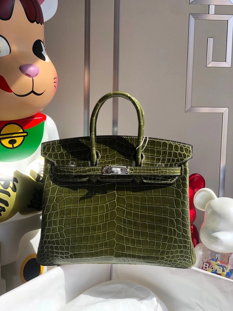 Hermès（爱马仕）Birkin 25cm Crocodile shiny 亮面鳄鱼 6H 橄榄绿 银扣 顶级手缝 品相完美 现货