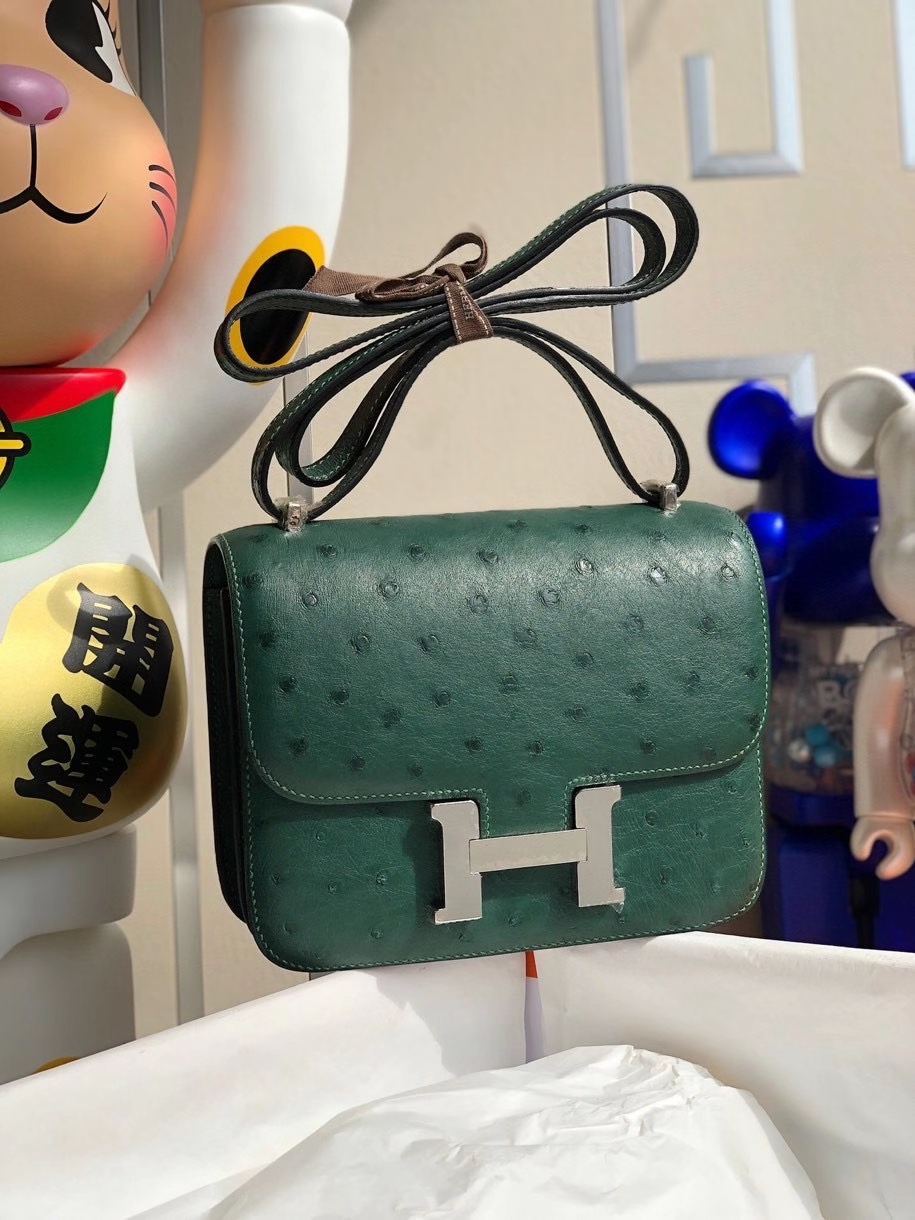 Hermès（爱马仕）Constance 18cm Ostrich kk 鸵鸟 z6 孔雀绿 银扣 顶级手缝 现货
