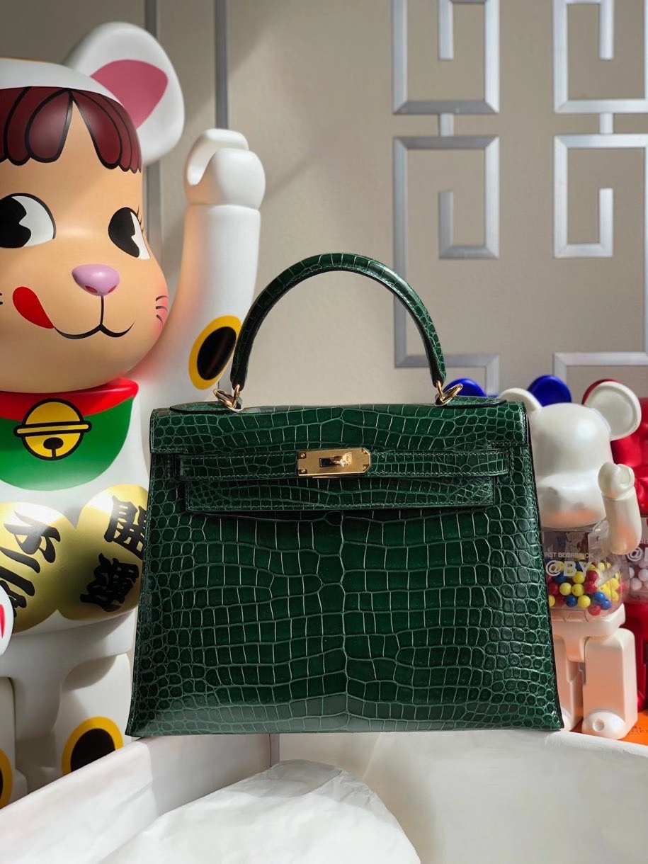 Hermès（爱马仕）Kelly 28cm Porosus shiny 亮面澳洲湾鳄 ck67 祖母绿 金扣 顶级手缝 现货