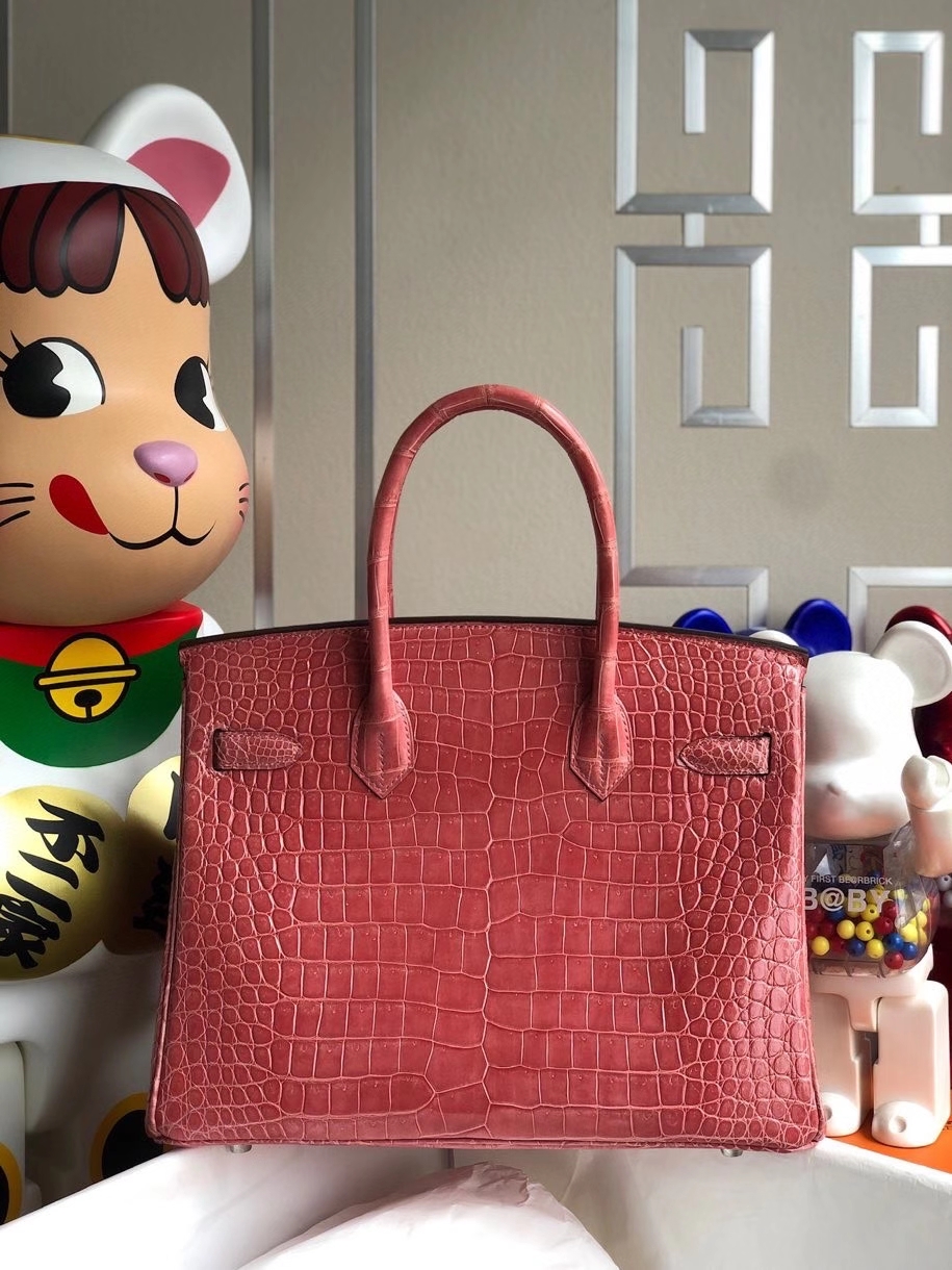 Hermès（爱马仕）Birkin 30cm Porosus shiny 亮面澳洲湾鳄 龙虾粉 银扣 顶级手缝 品相完美 现货