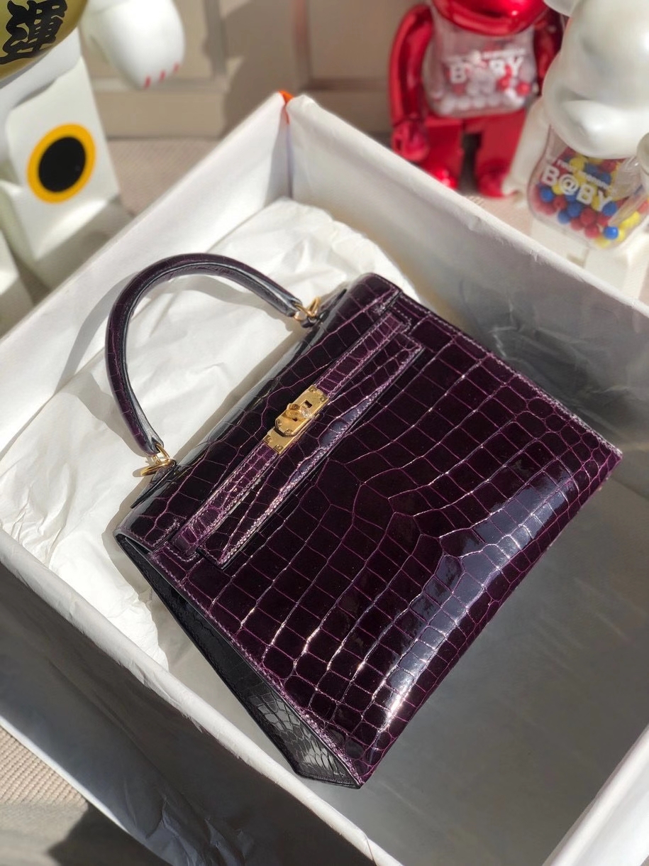 Hermès（爱马仕）Kelly 25cm Crocodile shiny 亮面鳄鱼 9G葡萄紫 金扣 顶级手缝 现货