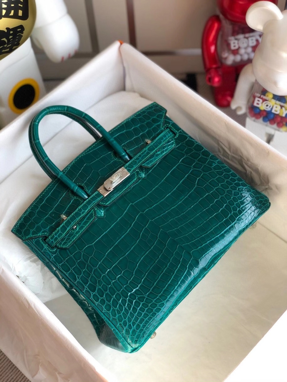 Hermès（爱马仕）Birkin 25cm Crocodile shiny 亮面鳄鱼 ck67 祖母绿 Vert fonce 金扣 顶级手缝 现货