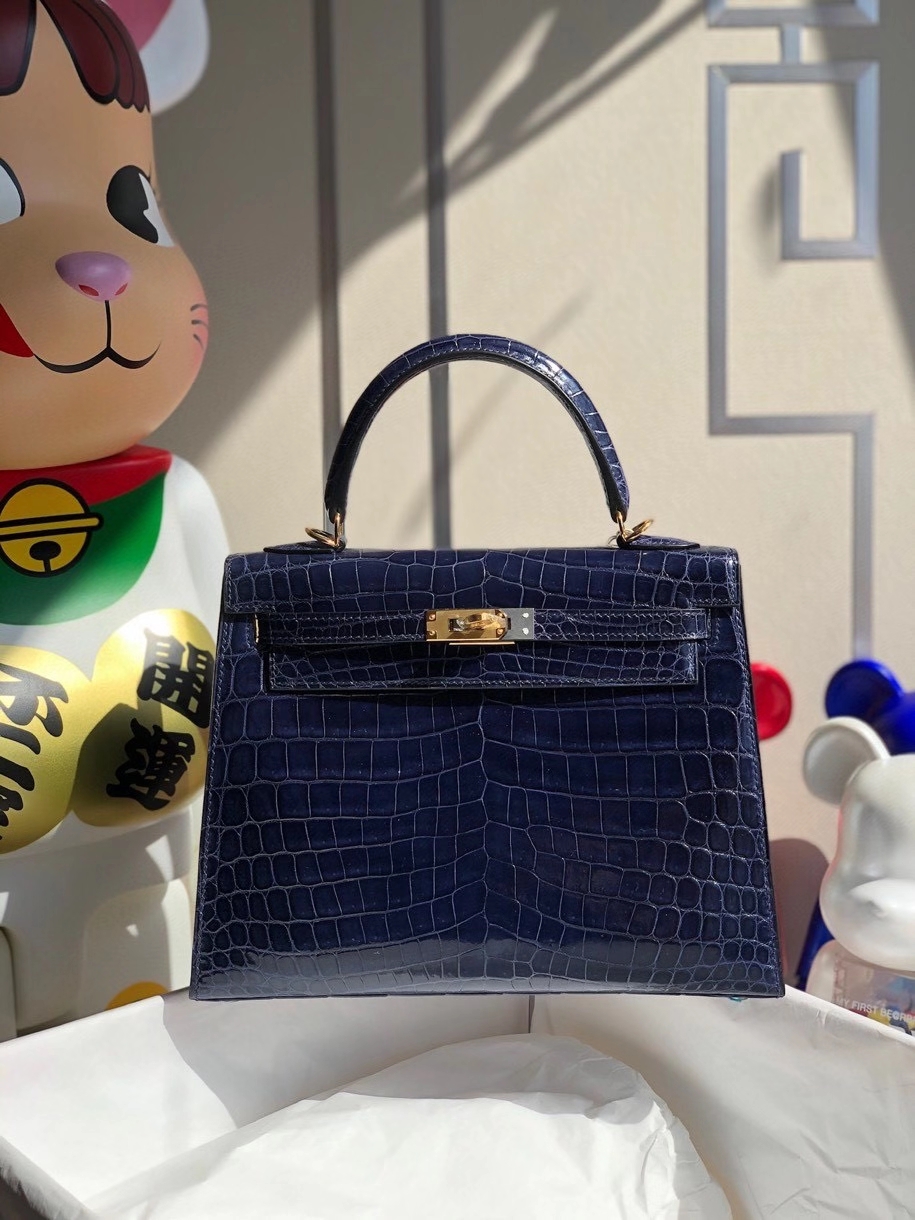 Hermès（爱马仕）Kelly 25cm Crocodile shiny 亮面鳄鱼 7k 宝石蓝 金扣 顶级手缝 现货