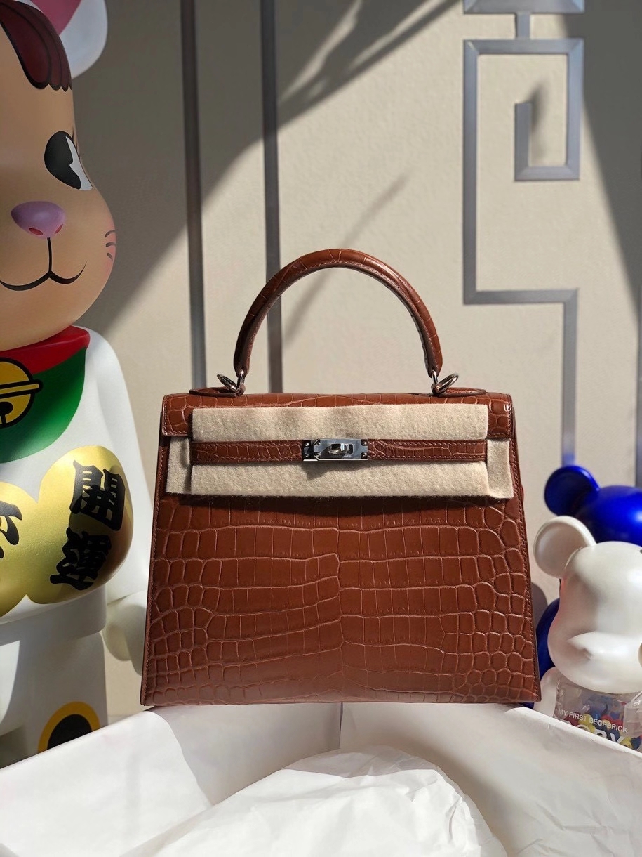 Hermès（爱马仕）Kelly 25cm Crocodile matt 雾面鳄鱼 4Ｄ 大地棕 银扣 顶级手缝 品相完美