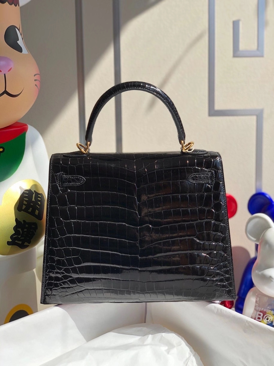 Hermès（爱马仕）Kelly 25cm Crocodile shiny 亮面鳄鱼 ck89 黑色 Noir  金扣 顶级手缝 拱珠现货