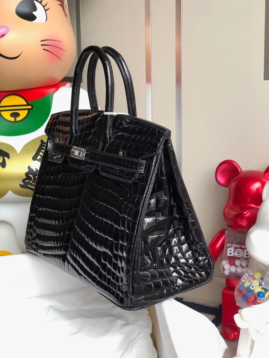 Hermès（爱马仕）Birkin 25cm Crocodile shiny 亮面鳄鱼 ck89 黑色 Noir 银扣 顶级手缝 拱珠皮 现货