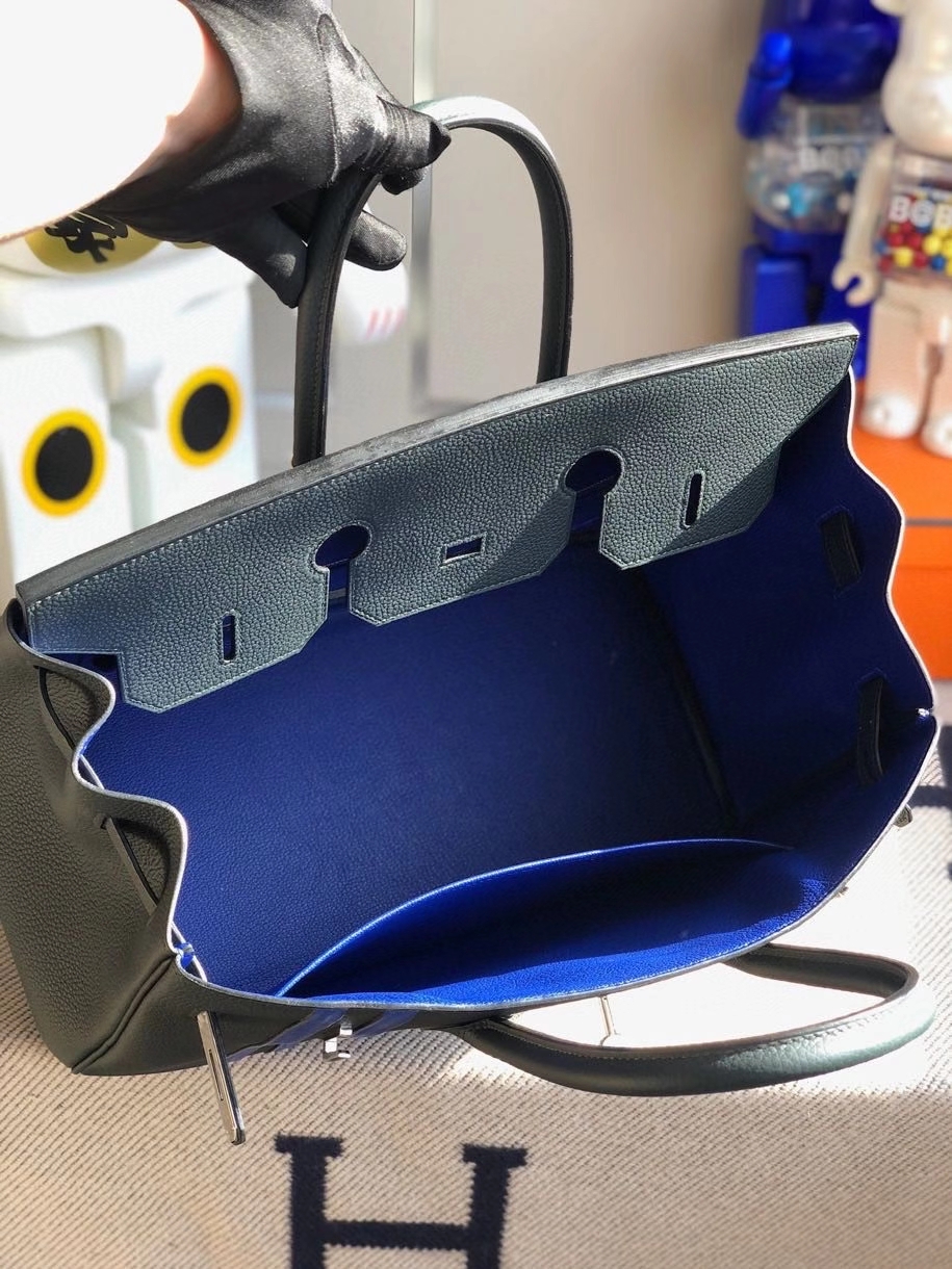 Hermès（爱马仕）Birkin 35cm 6o 柏树绿拼双杠琉璃蓝 银扣 顶级手缝 定制