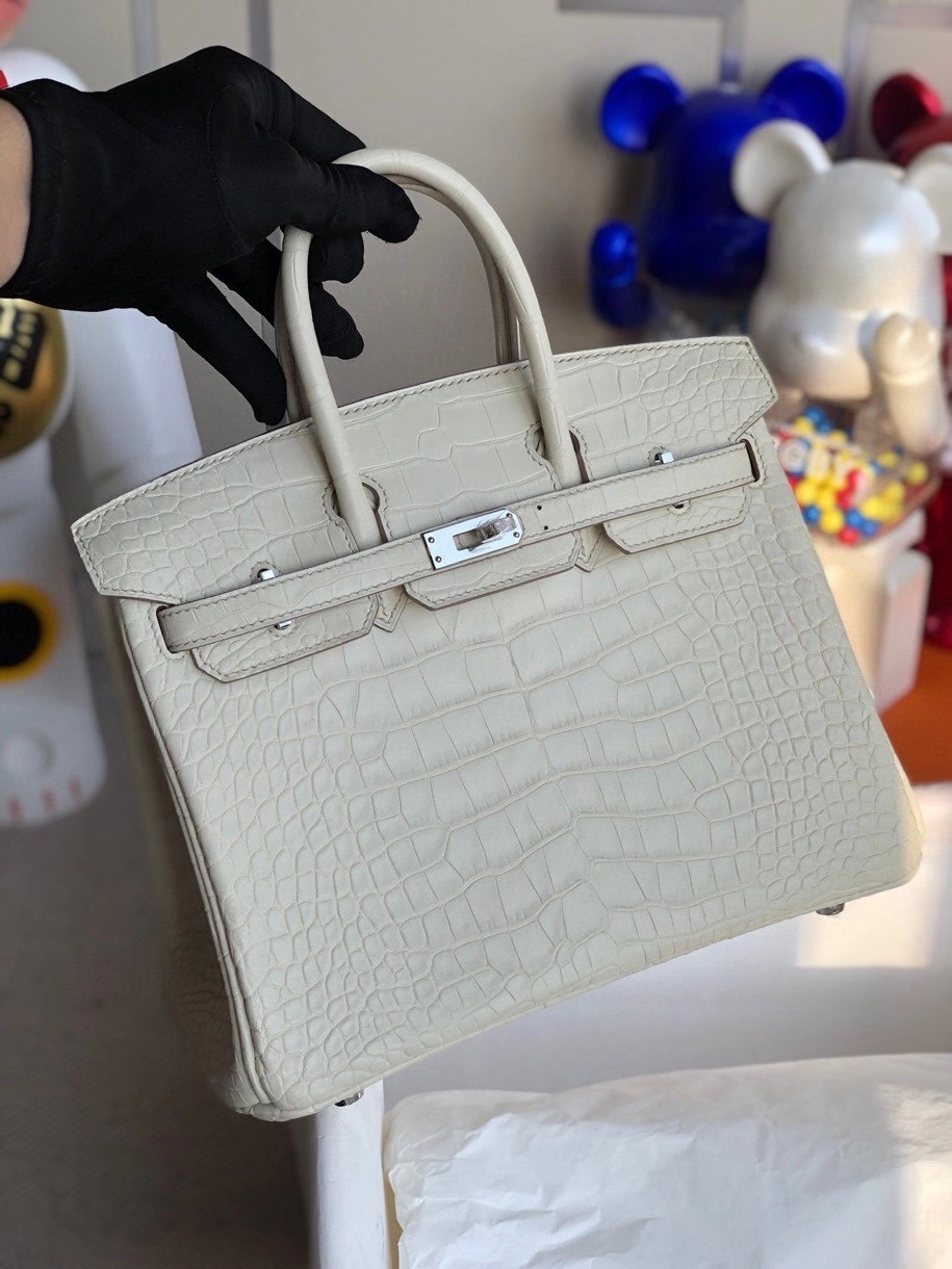 Hermès（爱马仕）Birkin 25cm Alligator matt雾面鳄鱼 8L 奶油白Beton 银扣 顶级手缝 现货