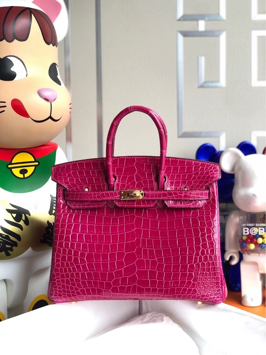 Hermès（爱马仕）Birkin 25cm Porosus shiny 亮面澳洲鳄鱼 E5 桃红 金扣 顶级手缝 现货
