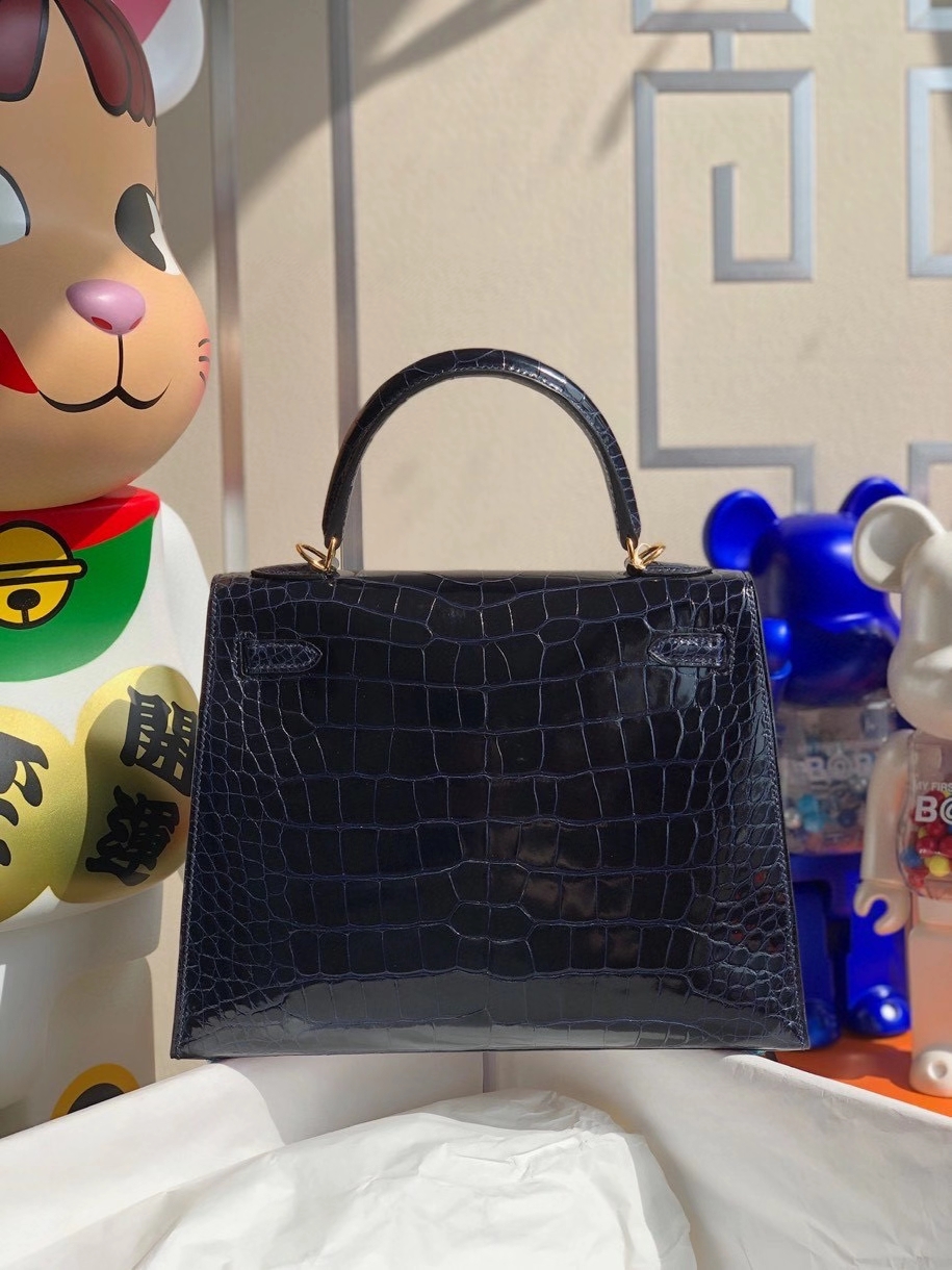 Hermès（爱马仕）Kelly 25cm Alligator shiny 亮面鳄鱼7k 宝石蓝 金扣 顶级手缝  现货