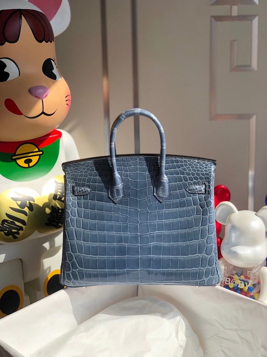 Hermès（爱马仕）Birkin 25cm Crocodile shiny 亮面鳄鱼 N7 风暴蓝 银扣 顶级手缝 品相完美 现货