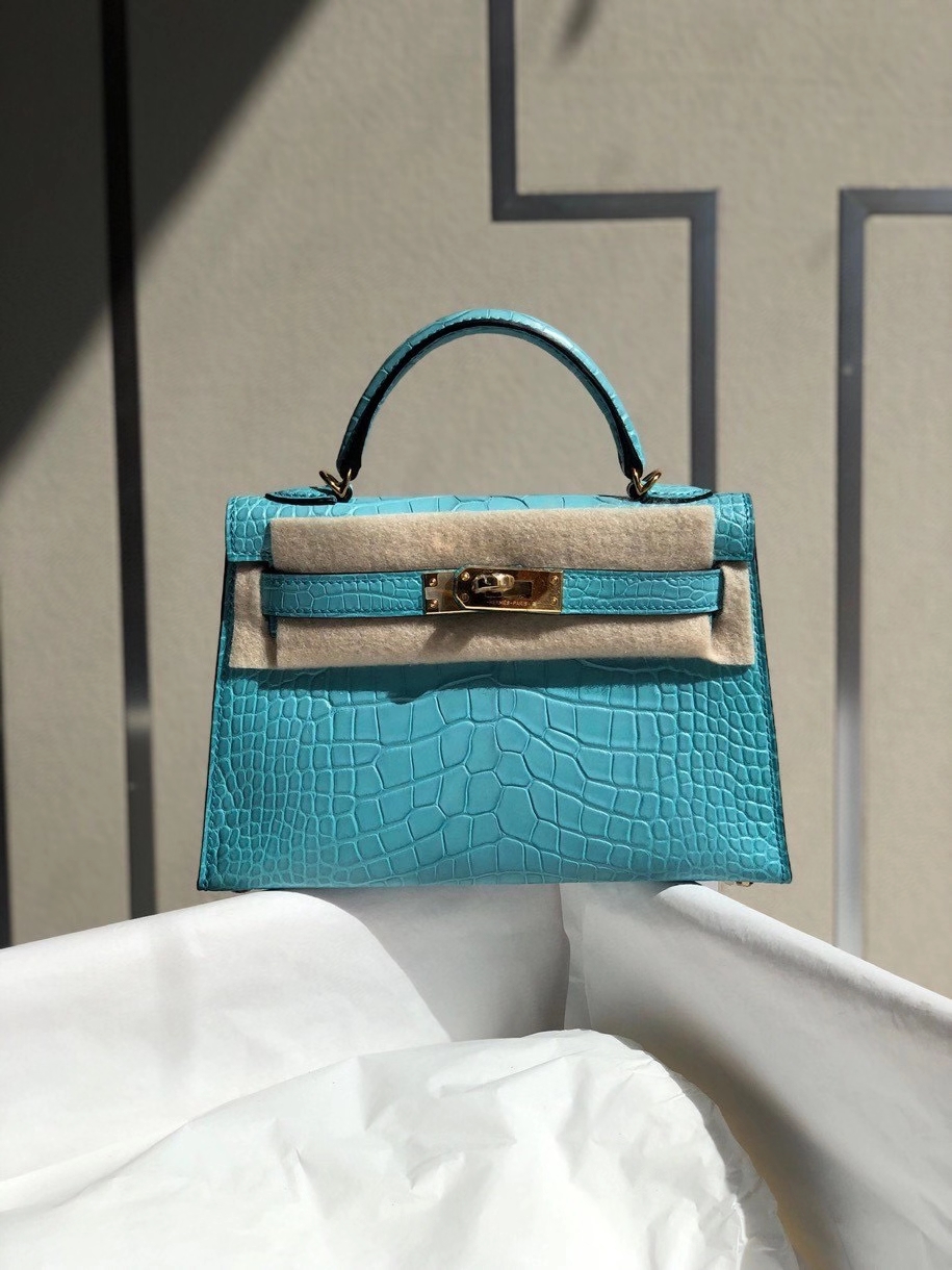 Hermès（爱马仕）Mini kelly ll alligator matt 雾面鳄鱼 3Z 圣西尔蓝 金扣 顶级手缝 小可爱 现货