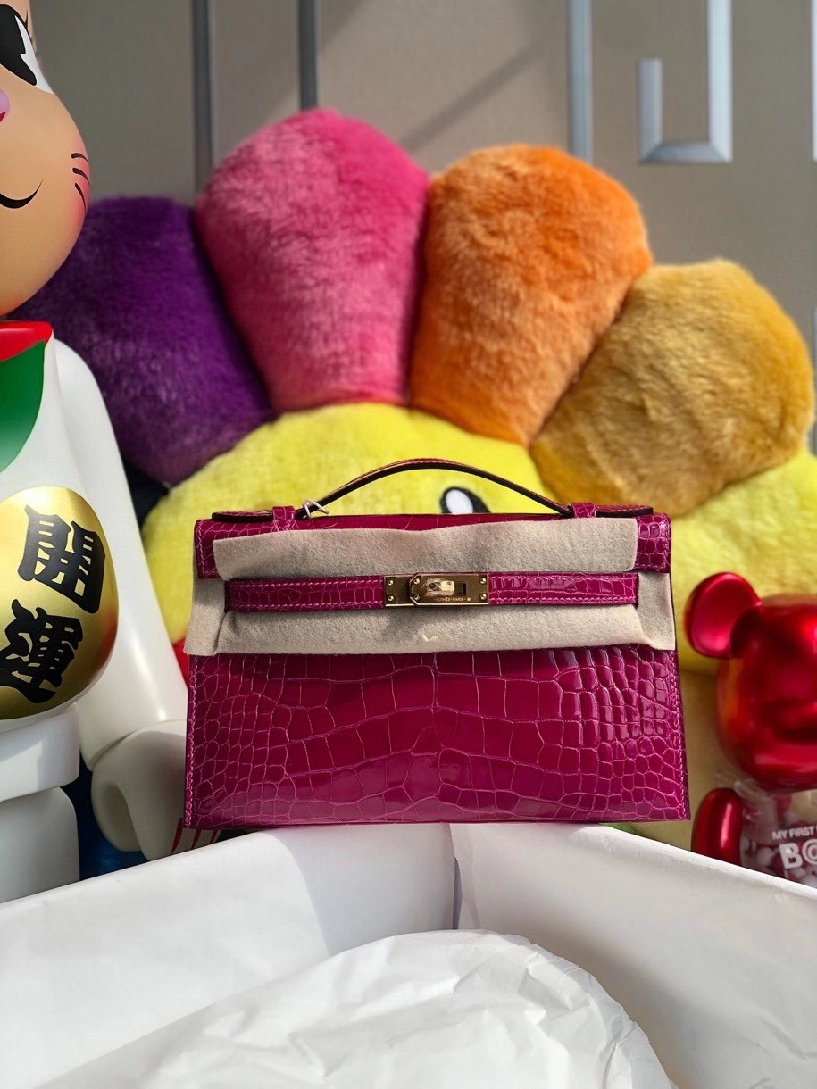 Hermès（爱马仕）Mini kelly pochette 22cm Alligator shiny 亮面鳄鱼 J5 天方夜谭粉紫 金扣  顶级手缝 晚宴包 现货