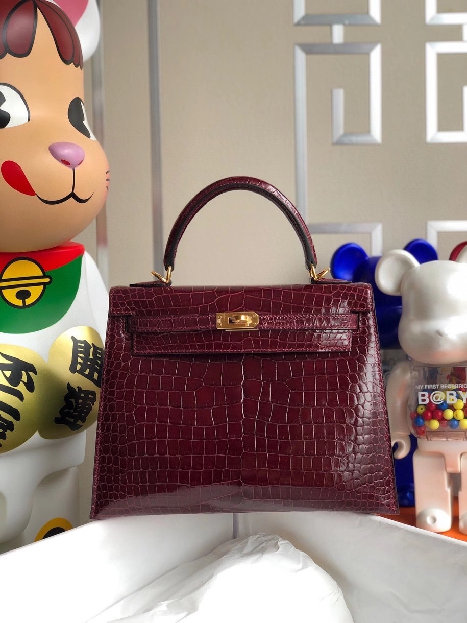 Hermès（爱马仕）Kelly 25cm Porosus shiny 亮面澳洲鳄鱼 ck57 波尔多酒红 Bordeaux 金扣 顶级手缝 现货
