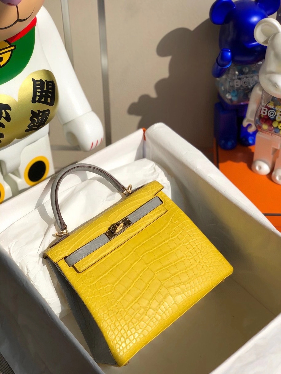 Hermès（爱马仕）Kelly 25cm Alligator matt 雾面鳄鱼 M9 金盏花黄拼4Z海鸥灰 金扣 马蹄印 顶级手缝 现货