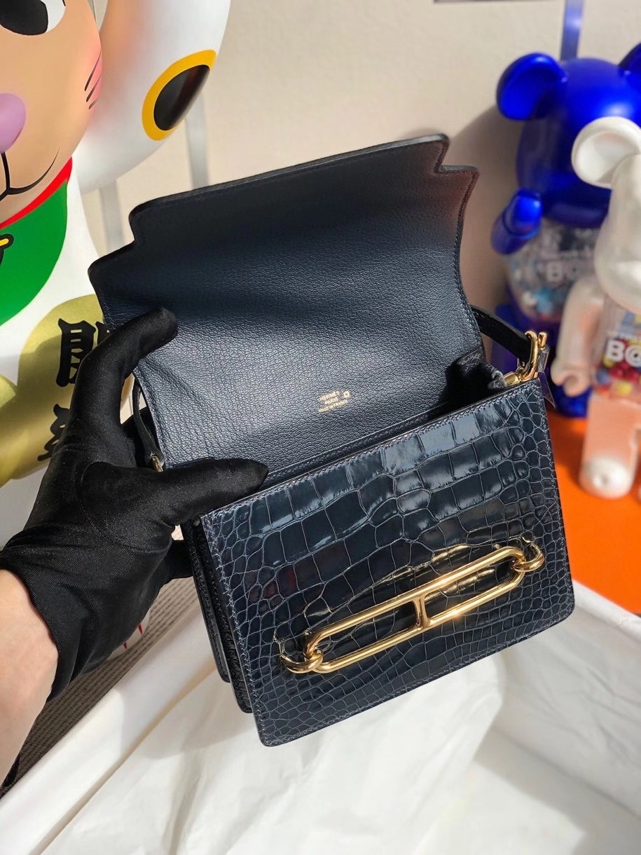 Hermès（爱马仕）Roulis 18cm Alligator  宝石蓝拼马耳他蓝 金扣 顶级手缝 现货