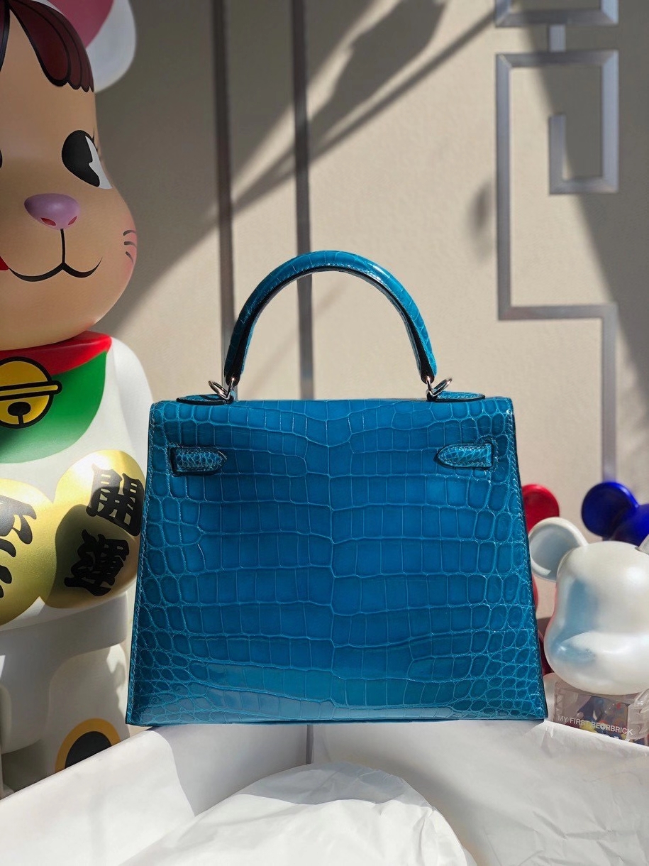 Hermès（爱马仕）Kelly 25cm Crocodile shiny 亮面鳄鱼 7w 伊兹密尔蓝 银扣 顶级手缝 现货