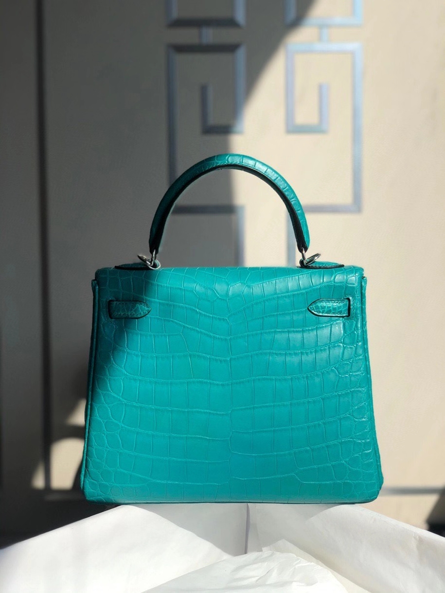 Hermès（爱马仕）Kelly 25cm Crocodile matt 雾面鳄鱼 7F孔雀蓝 银扣 顶级手缝 现货