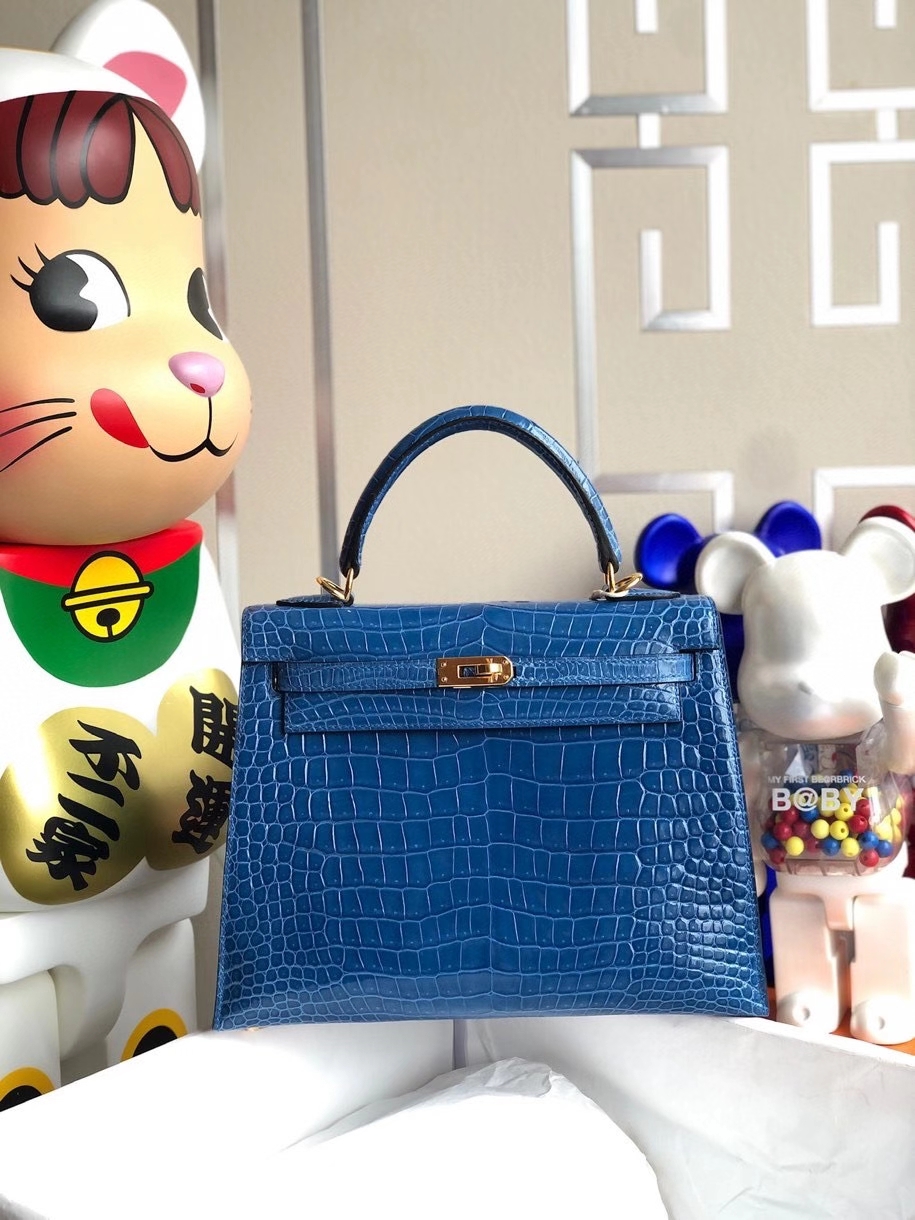 Hermès（爱马仕）Kelly 25cm Porosus shiny 亮面澳洲湾鳄 7Ｑ希腊蓝 Mykonos 金扣 顶级手缝 现货
