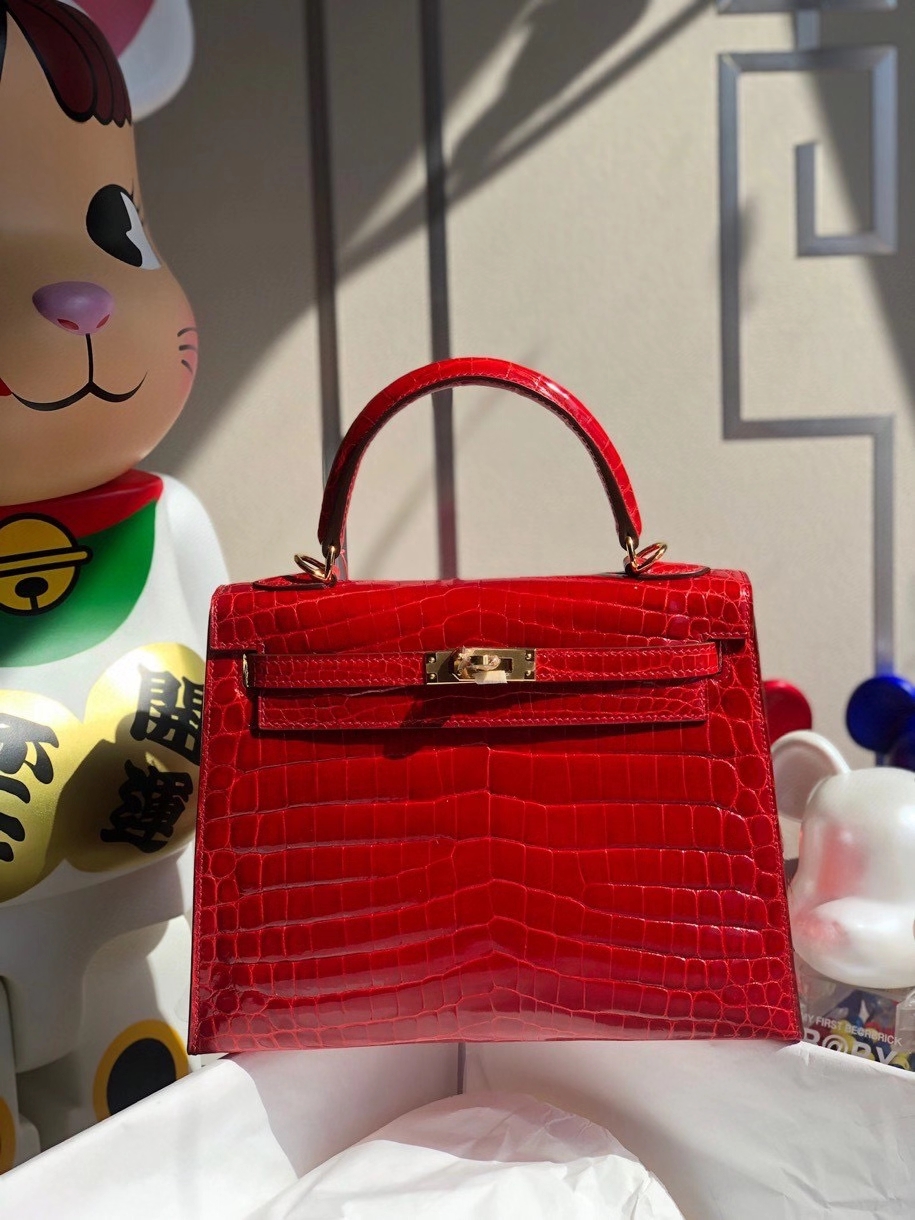 Hermès（爱马仕）Kelly 25cm Crocodile shiny 亮面鳄鱼  ck95 法拉利红 金扣 顶级手缝 现货